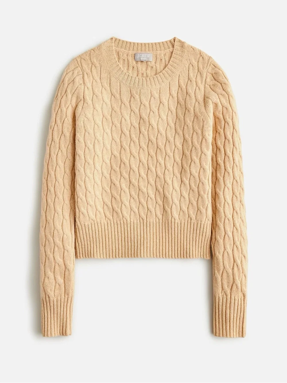 Cashmere Women’s Small Fitted Beige Gold Cable-Knit Crewneck Sweater with Lurex